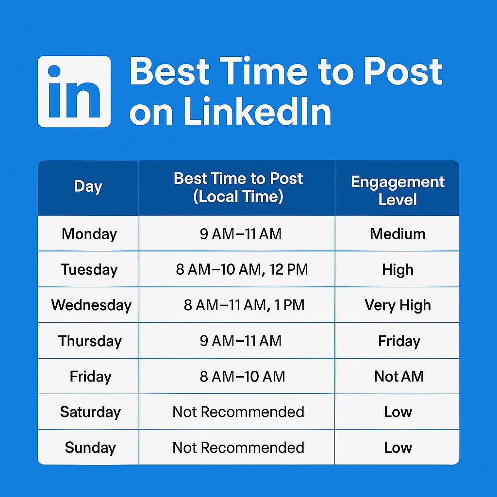 Chart showing the best time post on LinkedIn, with highlighted time slots like 8 AM to 11 AM and top-performing days such as Tuesday, Wednesday, and Thursday. Visual guide designed for optimizing LinkedIn engagement