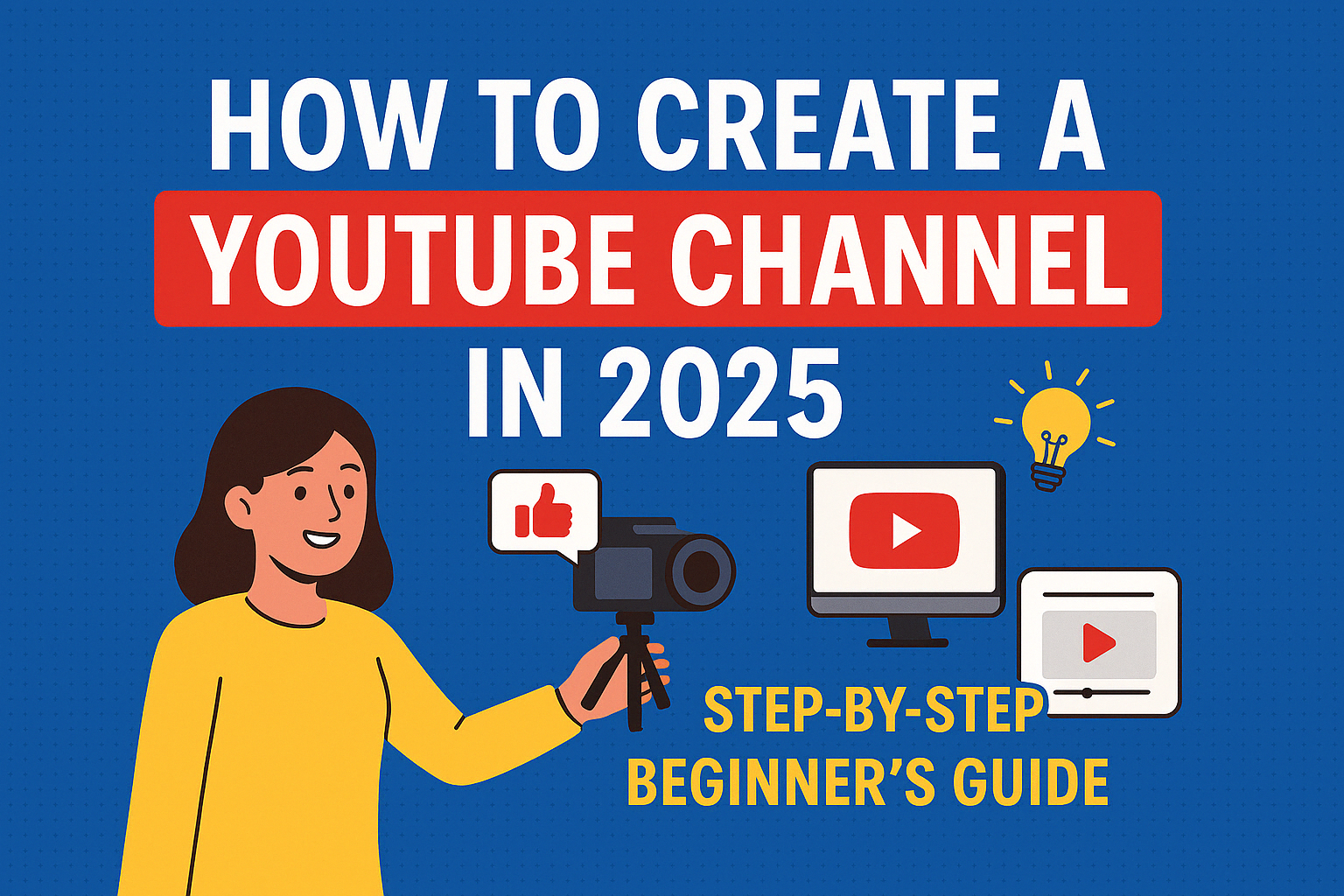 Illustration for How to Create a YouTube Channel in 2025 – Step-by-Step Beginner's Guide, featuring a female creator with a camera, YouTube icons, and marketing visuals, ideal for tutorials on starting a YouTube channel, growing subscribers, and monetizing content.