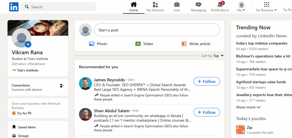 showing navigate to home page and click on start a post image for better understanding