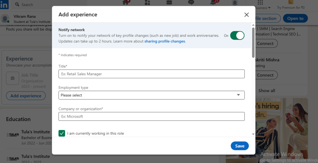 Guide on adding experience and education to complete your LinkedIn setup, showing how to create profile on LinkedIn profile and how to create a LinkedIn profile.