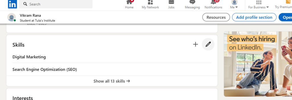 Instructions showing how to add skills to your LinkedIn profile, helping users understand how to create profile on LinkedIn profile and how to create a LinkedIn profile.