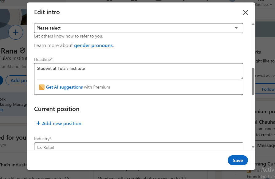 Creating a professional headline while setting up a LinkedIn account, demonstrating how to create profile on LinkedIn profile and how to create a LinkedIn profile