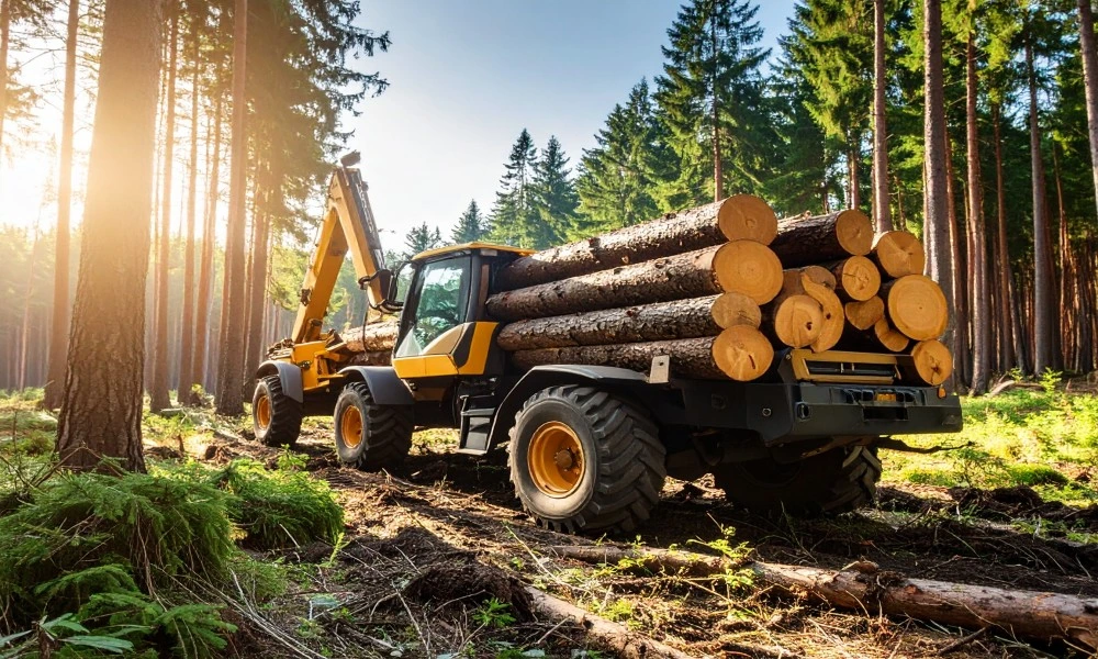 A logging truck drives through a dense forest, surrounded by tall trees and natural greenery.