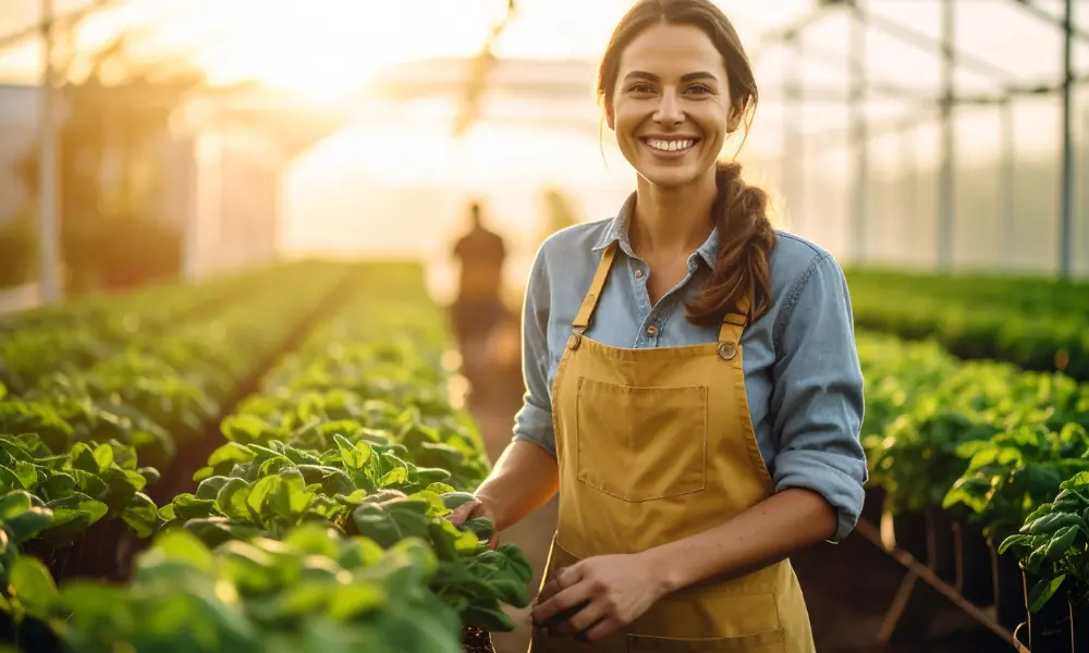 Smiling female horticulture student in yellow apron checking healthy green plants in a greenhouse during horticulture course practical session.