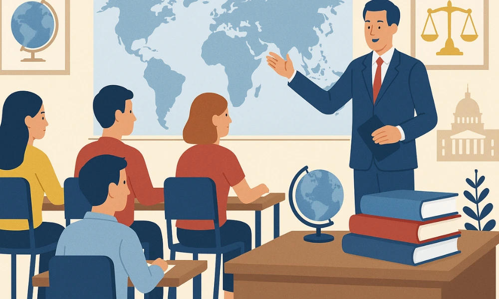 Modern flat-style illustration of a political science classroom with professor teaching students, world map, globe, books, scales of justice, and government building symbols